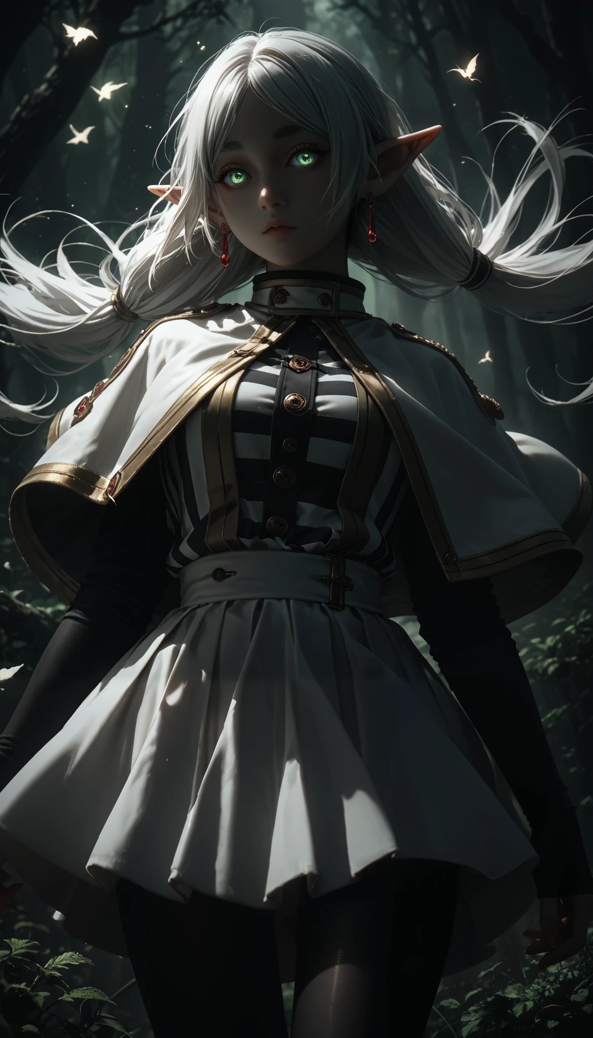 female elf with green eyes, thick eyebrows, long white hair parted in the middle and tied into two high pigtails, dark fantasy, frieren, looking at viewer, wind, glowing eyes, pantyhose, earrings, striped, black pantyhose, capelet, striped shirt, skirt, white skirt, In the dark forest, waiting, close-up