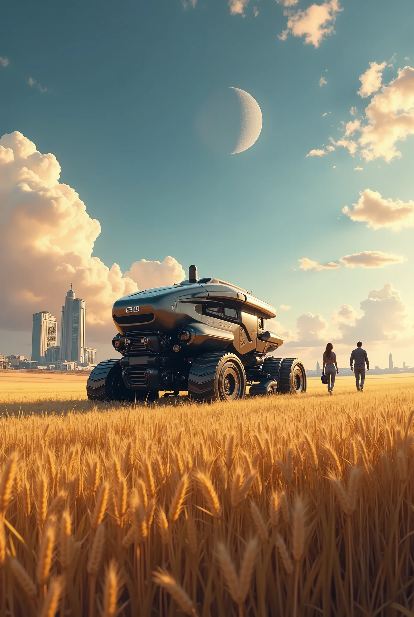 detailed art, the latest high-tech tracked tractor in a wheat field, a farmer in an ultramodern high-tech jumpsuit walking nearby, a spaceport with spaceships, an alien sky, super-detailed hand-drawn art with a wealth of shades and semitones, the depth of light and shadow, in the style of digital art.