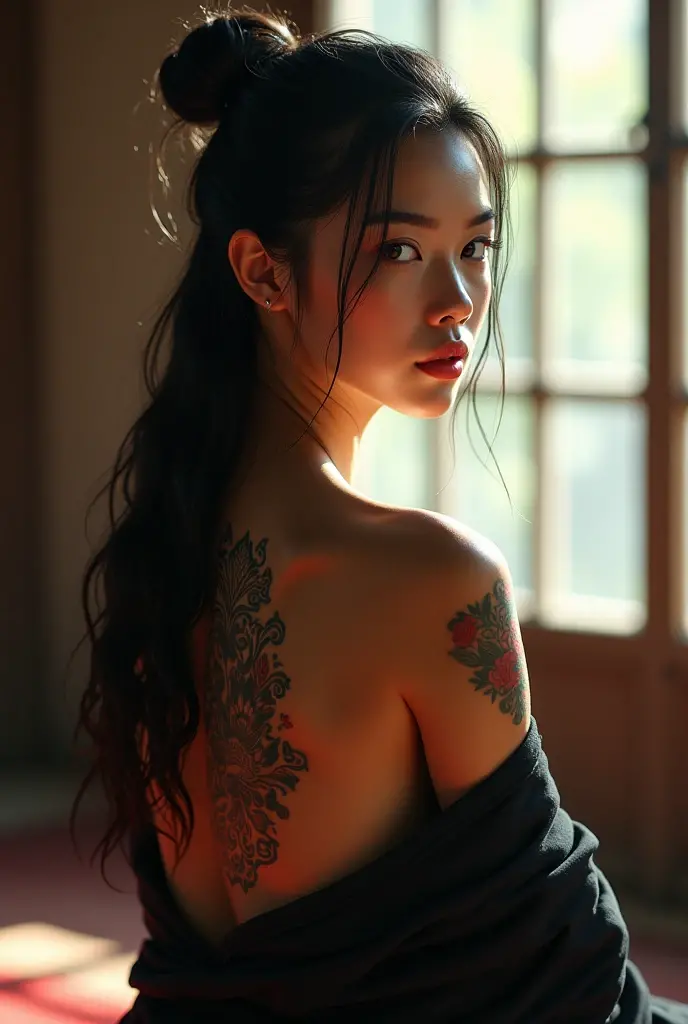 a beautiful young chinese woman with mesmerizing wild hair, agile fighting pose, showing off her stunning tattoo on her back, topless, with a graceful spine, realistic, photorealistic, ultra-detailed, 8k, best quality, masterpiece
