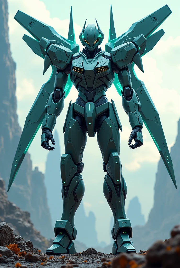 On the moon,barren planets, ruins, holding_weapon, no_humans, glowing, robot, building, glowing_eyes,green mecha, science_fiction, realistic,mecha,Milky Way Galaxy background,neon,cyberpunk,