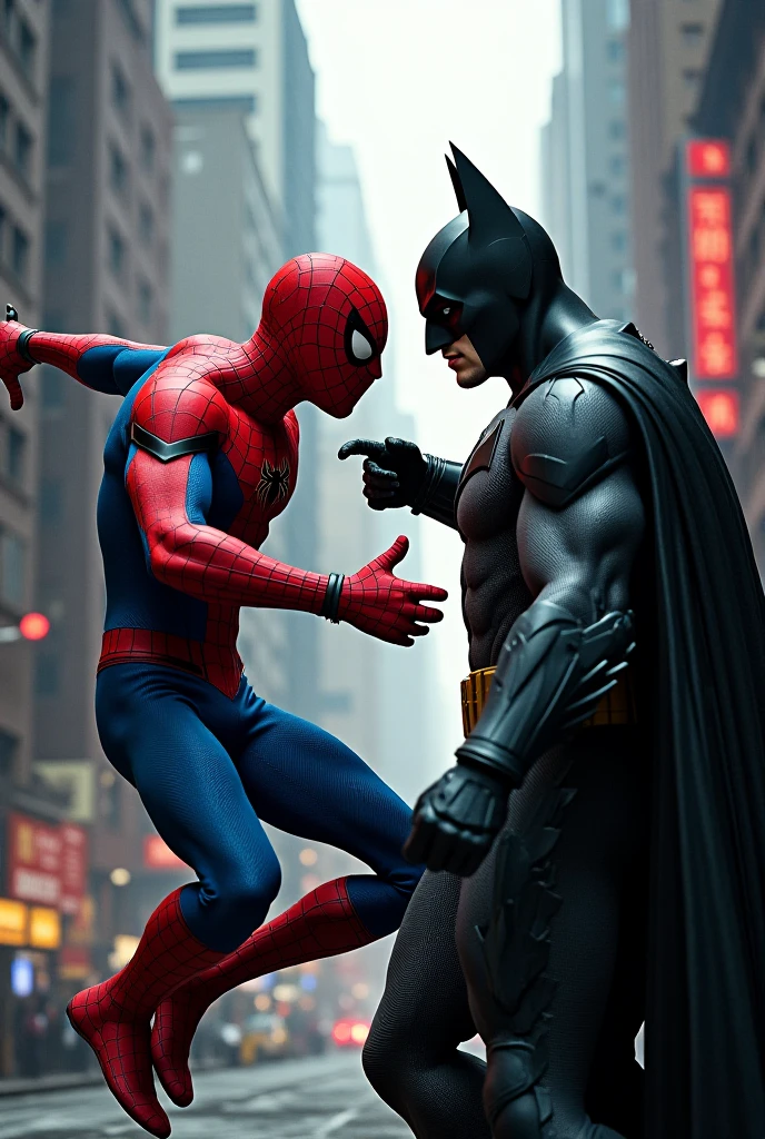 Batman is stand take a belt with damage the Spider-Man is half down with more damage. make it realistically and place in the ring and holographically