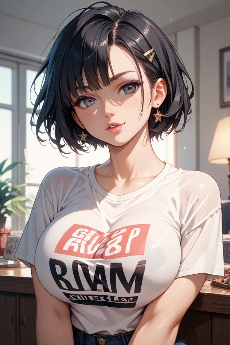 (masterpiece:1.2, best quality), 1milf, solo, black shirt, jeans, front door, standing, short hair, upper body, big tits, short sleeves, black eyes,