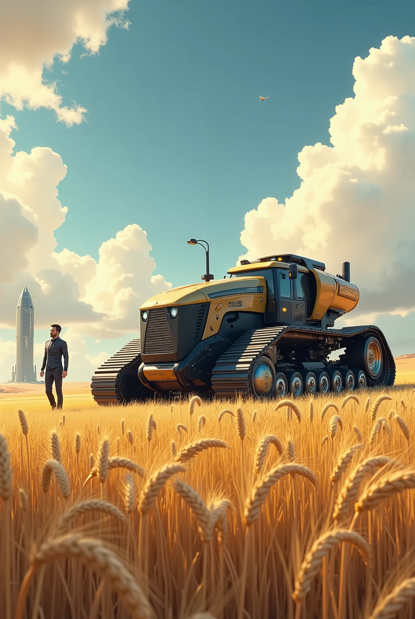 detailed graphics , the last high-tech crawler tractor in a wheat field, farmer in ultra-modern high-tech suit, nearby, spaceship spaceport, alien sky, superdetailed hand-drawn art with a wealth of shades and halftones, depth of light and shadow, digital art-style.