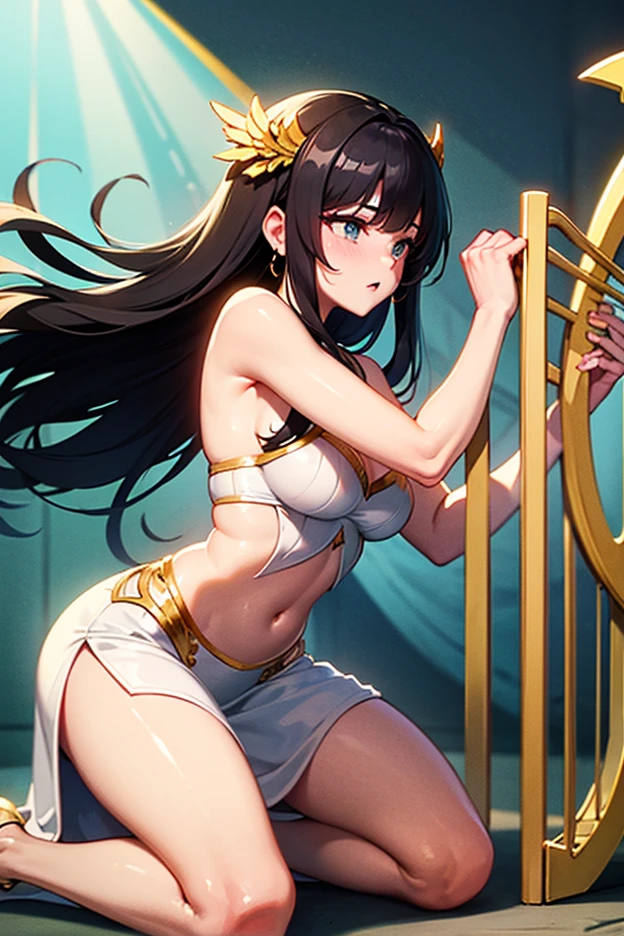 Anime, Athena Greek goddess of wisdom, modern 20 year's women, in a bar, pov is next to the female, (Athena wearing chest plates, gantlets, shoulder cover, small roman warrior Helmet, brown hair) (Athena equip with a spear on back), side view,