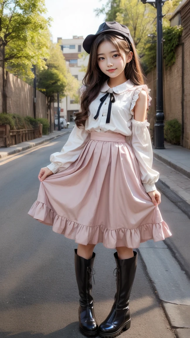 (top quality, 8k, 32k, masterpiece, UHD: 1.2), 1 girl, beautiful woman, thin waist, 24 years old, standing figure, (girly fashion), (pastel colors, ruffled clothes, clothes with ribbons, long skirts with floral patterns, blouse with lace, socks with ruffles, loafer pumps), cinematic light, (smile at whoever you like),