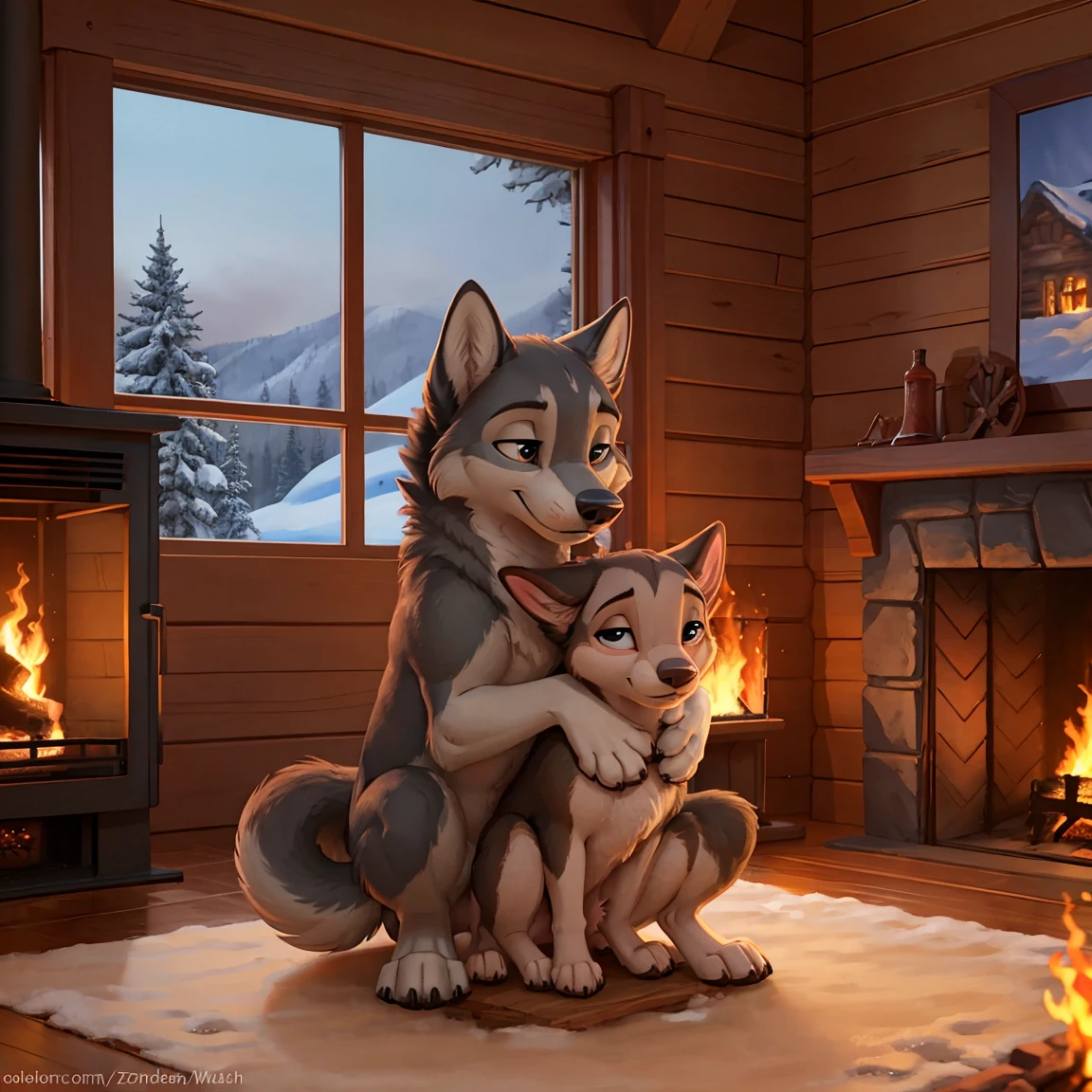 NSFW (nude) (Anna ((human)) medium breasts, strip of pubic hair) vaginal penetration, fucking male furry grey husky with red dog penis, on all fours, in a deserted snowy landscape