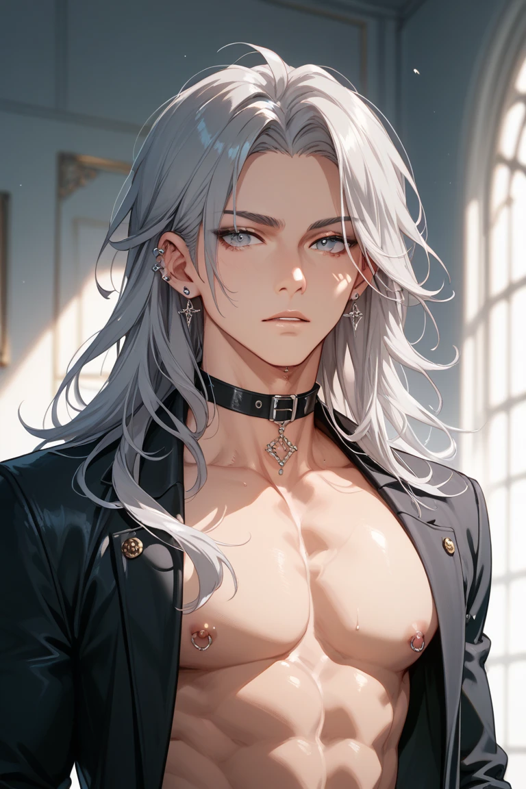 man, masculine, masculine face, attractive, muscular, ((1man)), masterpiece, absurdres, best quality ,intricate details , (shiny skin, shiny body, shiny oily luster skin, shiny hair, pale skintone), Sundown, attractive, ((muscular)), adult, one, ((open chest)), ((no blouse)), earrings, black pants, Don't look at the view , Not looking at the view, purple blue long hair, perfect detailed face, perfect detailed hands, vampire, silver gray eyes, ((MLS)), medium large shoot