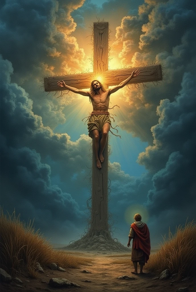 Icon of Jesus crucified in place of a sun, shiny and bright, in Jesus Christ a hole with blood in both palms of his hands, his feet and a small cut on the right side of his rib, below him a humble blond farmer kneeling working with a plow in a plantation, Jesus Christ with blood on his palms and feet and a small cut on his right rib