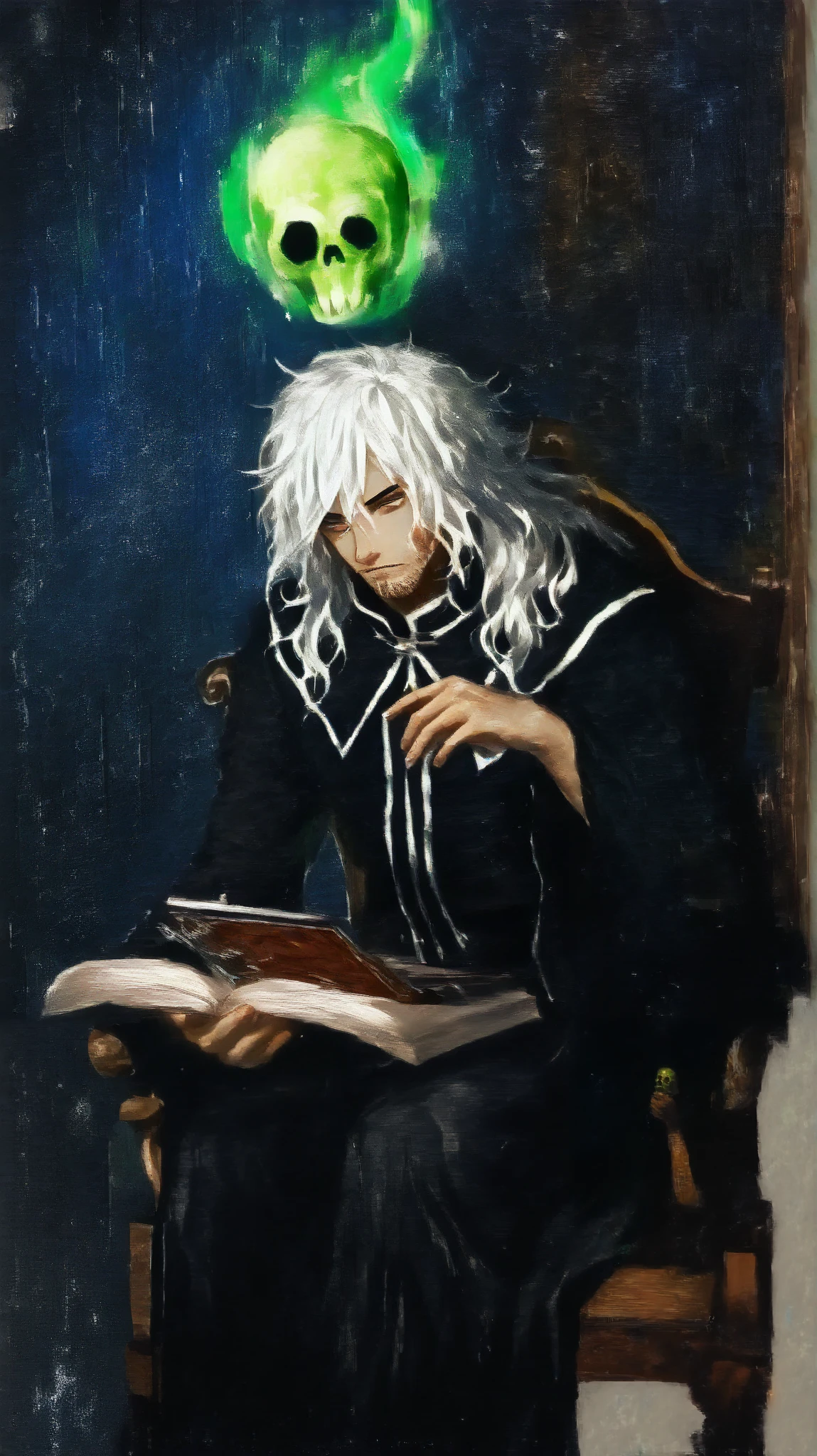 painterly manhwa art style, digital oil painting style, dark colors, male, warlock, messy wavy hair black with white streaks, warlock attire, sitting on a chair, green skull magic floating on hand, holding a grimoire, side shot drawing, masculine, stubble on chin, necromancer,