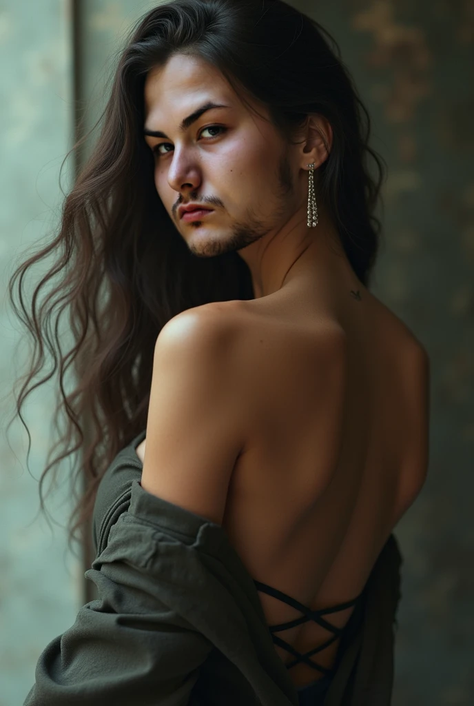 man, naked with long black hair and pale skin