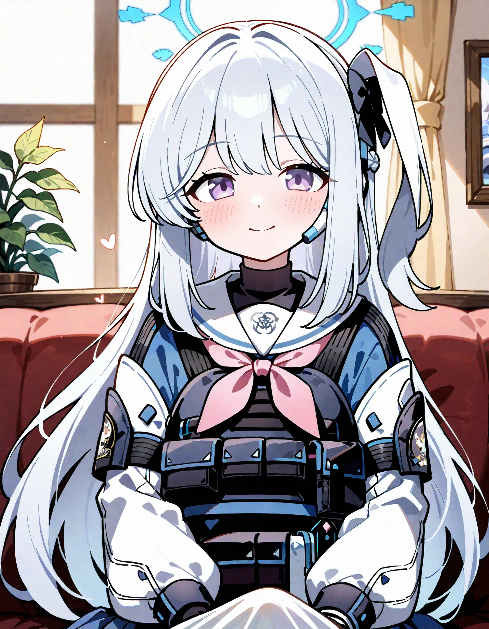 Miyako (blue archive) purple eyes, white hair, long hair, one side up, black ribbon neckerchief, love, tactical cloth
