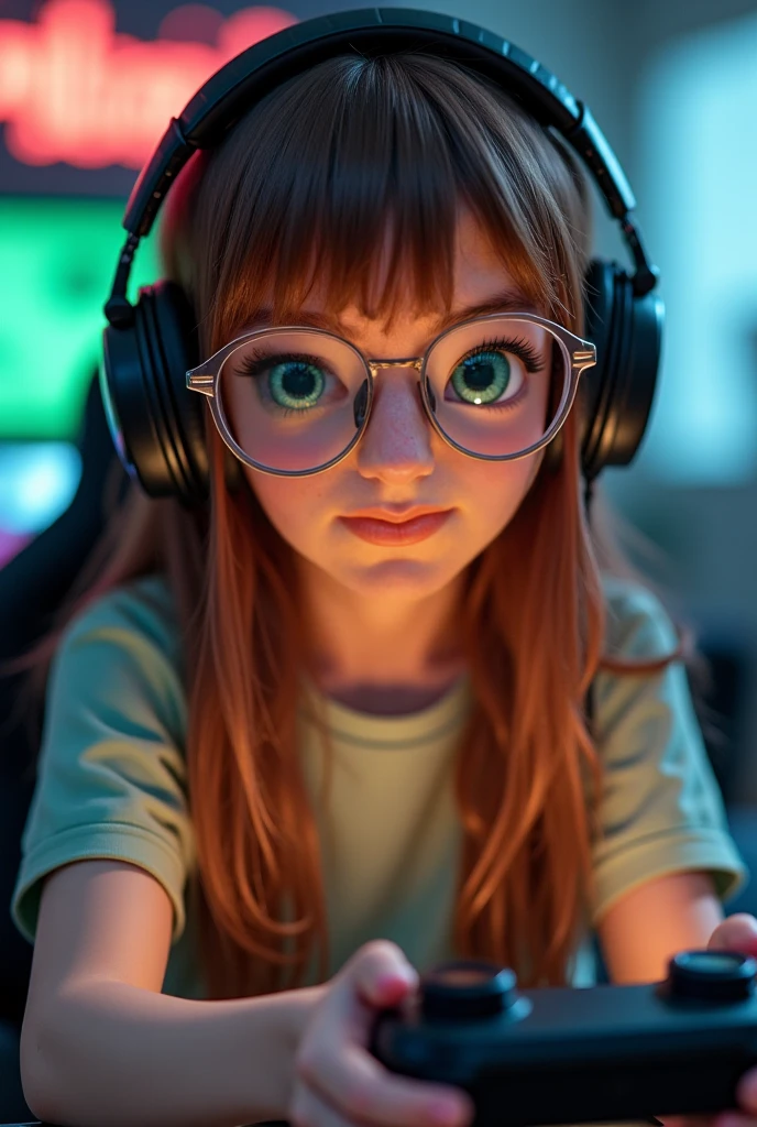 GIRL child 12 years , RUSSO cabelos ESCUROS compridos e fones de ouvido , portrait , JAQUETA COURO PRATA, VINIS E CDS fundo vermelho.