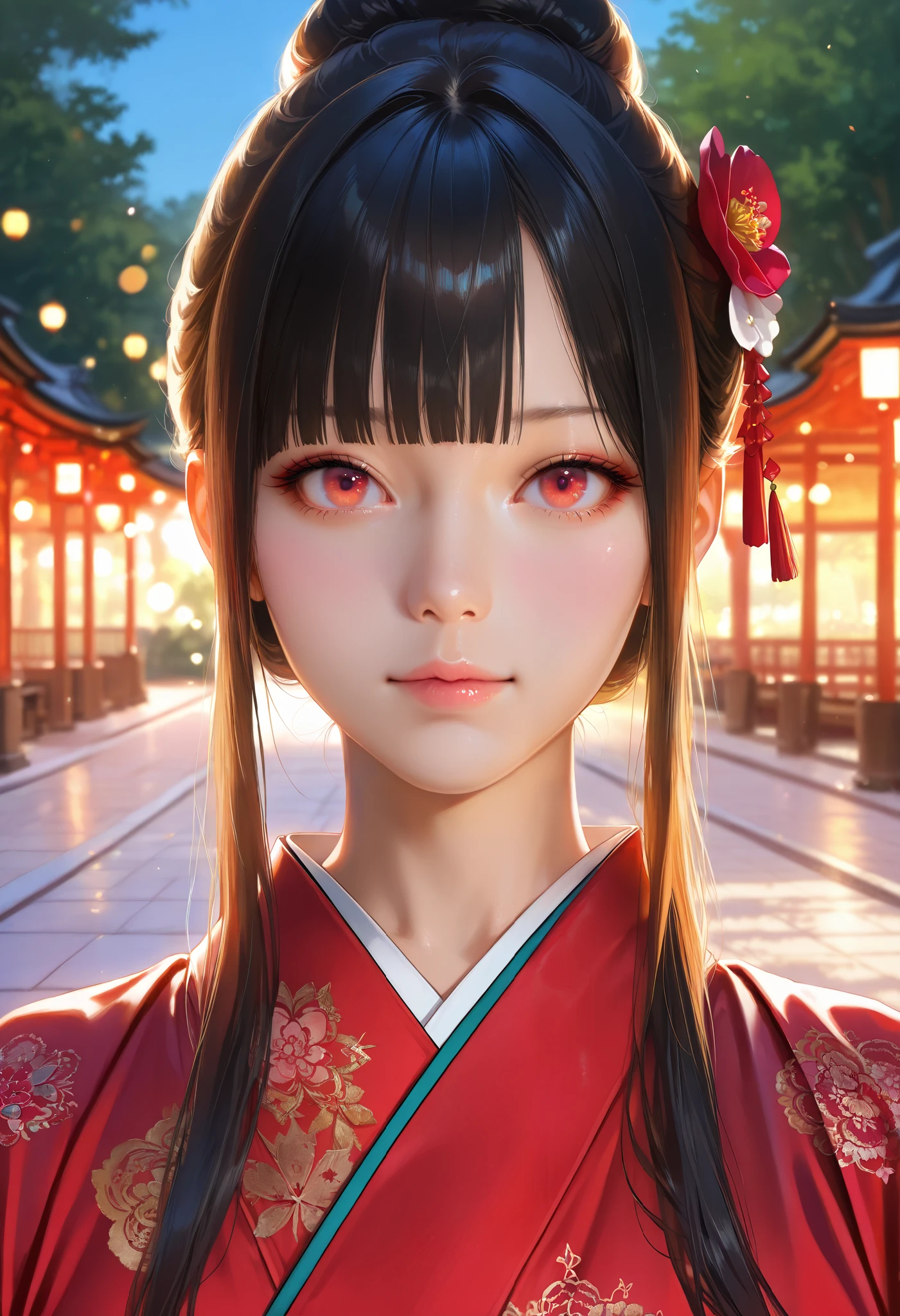bright look、photorealism、highest quality、Super high resolution、picture extraordinary beautiful girl cute and beautiful face details、、beautiful bangs shining white skin
TKNKZMI, (best quality,highres:1.2), (realistic:1.37), HDR,UHD,studio lighting,extremely detailed,professional,vivid colors,bokeh, portraits,warm toned lighting beautiful woman face, beautiful light red eyes, black hair, blunt bangs, eye shadow, sidelocks, hair ornament, hair bun, golden detailed red kimono golden embroidery, Amazing Photo, Japanese park, walkway, beautiful park, Beautiful detailed photo, Amazing body,