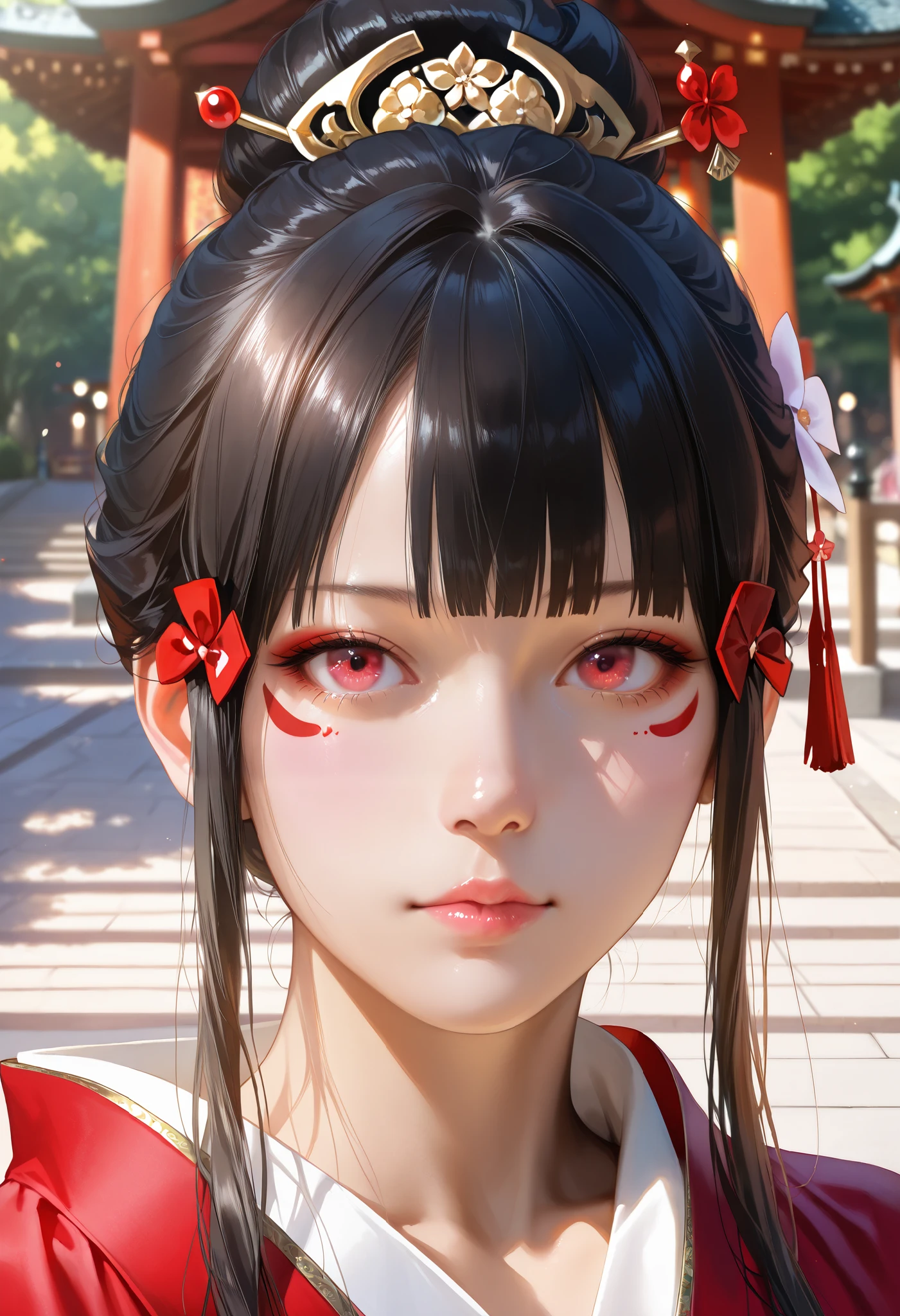bright look、photorealism、highest quality、Super high resolution、picture extraordinary beautiful girl cute and beautiful face details、、beautiful bangs shining white skin
TKNKZMI, (best quality,highres:1.2), (realistic:1.37), HDR,UHD,studio lighting,extremely detailed,professional,vivid colors,bokeh, portraits,warm toned lighting beautiful woman face, beautiful light red eyes, black hair, blunt bangs, eye shadow, sidelocks, hair ornament, hair bun, golden detailed red kimono golden embroidery, Amazing Photo, Japanese park, walkway, beautiful park, Beautiful detailed photo, Amazing body,