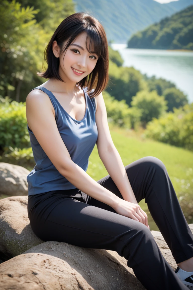 (8k, highest quality, masterpiece: 1.2), Super detailed, highest quality, Ultra-high resolution, Professional Lighting, Photon Mapping, Radio City, Physically Based Rendering, Cinema Lighting, Depth of written boundary, focus on, Light of the sun, Good composition, (Bokeh: 1.2), 1 girl, (whole body), smile, Beautiful Eyes, Pause, Brown Hair, short hair, coastal, skirt, Tank top, Sitting on a bench,Leg spread,White panties,Beautiful legs,