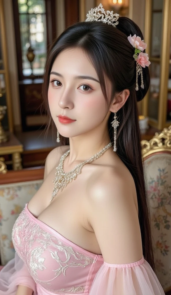 ((((8k))),((Extremely meticulous CG)) ,(wallpaper),16k,((Extremely refined and beautiful)),(((Masterpiece))),(((best qualtiy))),(((Ultra High Resolution))),beautiful light up,Perfect lightning,realistic shaded,((high resolution)),(Smooth and flawless fair skin:1.5),(pale skin:1.3),(Extremely exquisite facial details:1.2),(perfect body:1.1),(ultra-detailed),A beautiful girl,solo,(small head:1.2),(princess crown:1.2),(short ponytail:1.2),(earrings:1.2),(small face:1.2),(Exquisite makeup:1.2),(blush:1.3),(gigantic breasts:1.8),(towering chests:1.5),((slim,thin)),happy,(laughing:1.2),(crystal necklace:1.2),(gorgeous strapless floral dress:1.3),(slender legs:1.3),(stockings:1.5),(high heels:1.2),(night scene:1.5),(In a luxurious restaurant:1.3),(candlelight dinner:1.2),(detailed background:1.5),(Sitting on a chair next to the dining table:1.3),(arms behind back:1.3),(a cup of coffee),(a large fruits birthday cake on the table:1.3),(upper body:1.3),(from front:1.3),The scent of spring,Full of various cakes and pastries,sweet and warm atmosphere,(floral watercolor painting:1.3),(Super high saturation,bright and vivid colors:1.3), 
