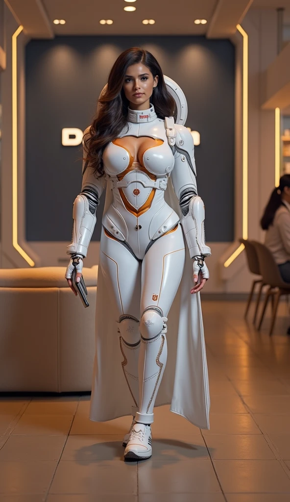 science fiction scene, Beautiful oriental teenage girl with very futuristic white armor with many details and led lights on the armor, futuristic weapon in her hands, in a cinematic composition setting, photorealism, dynamic shot, high resolution.