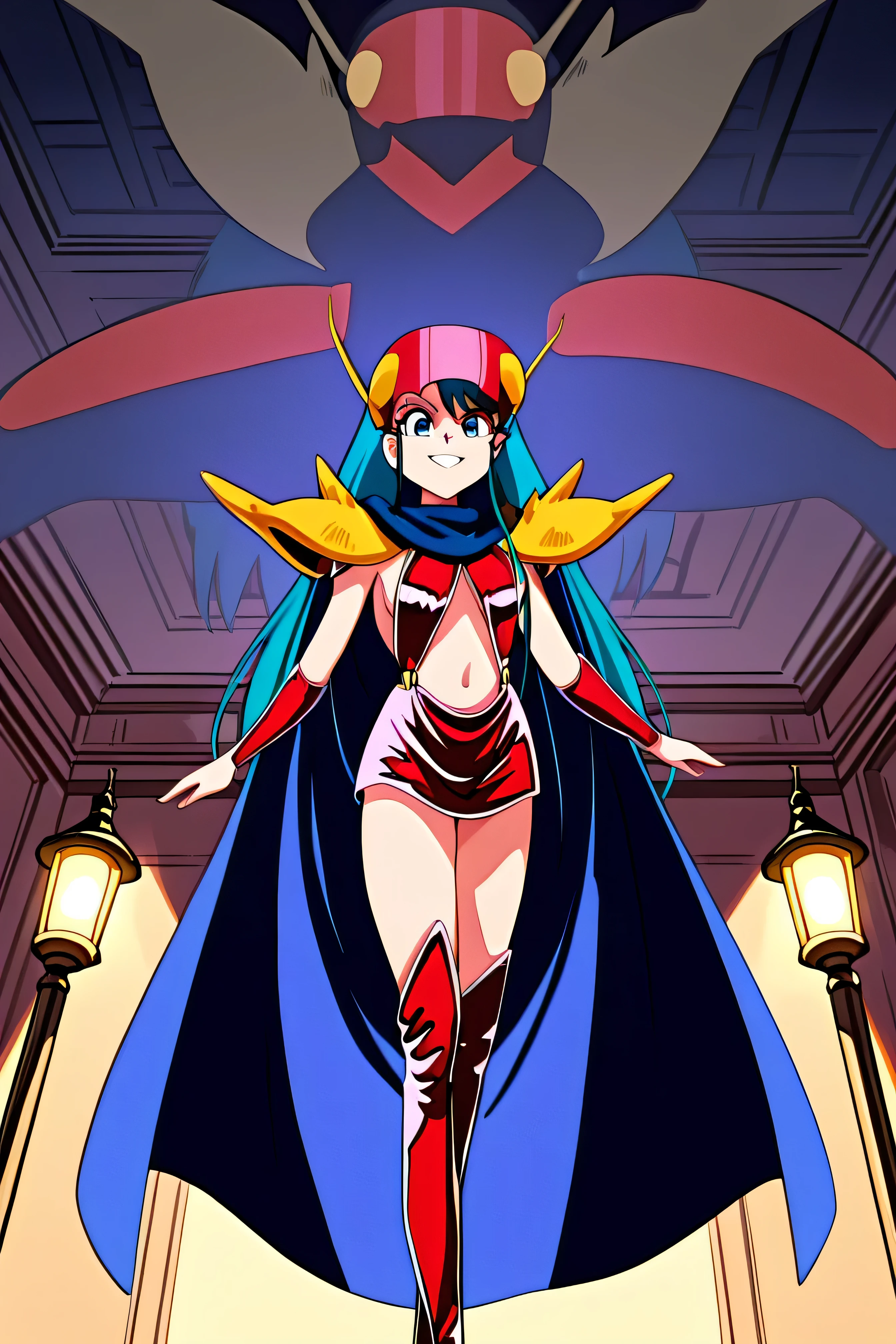 Generate an illustration of a mature Sabrina, gym leader of pokemon, (large shoulder pads), black gloves, hairband, holding a poke ball, dark hair, long straight hair, hair flows straight down, Red outfit in anime format with a serious style, black corset, black boots, masterpiece, dark lighting, black background, animatronic, robot joints, slendered abs, beautiful face, empty eyes,