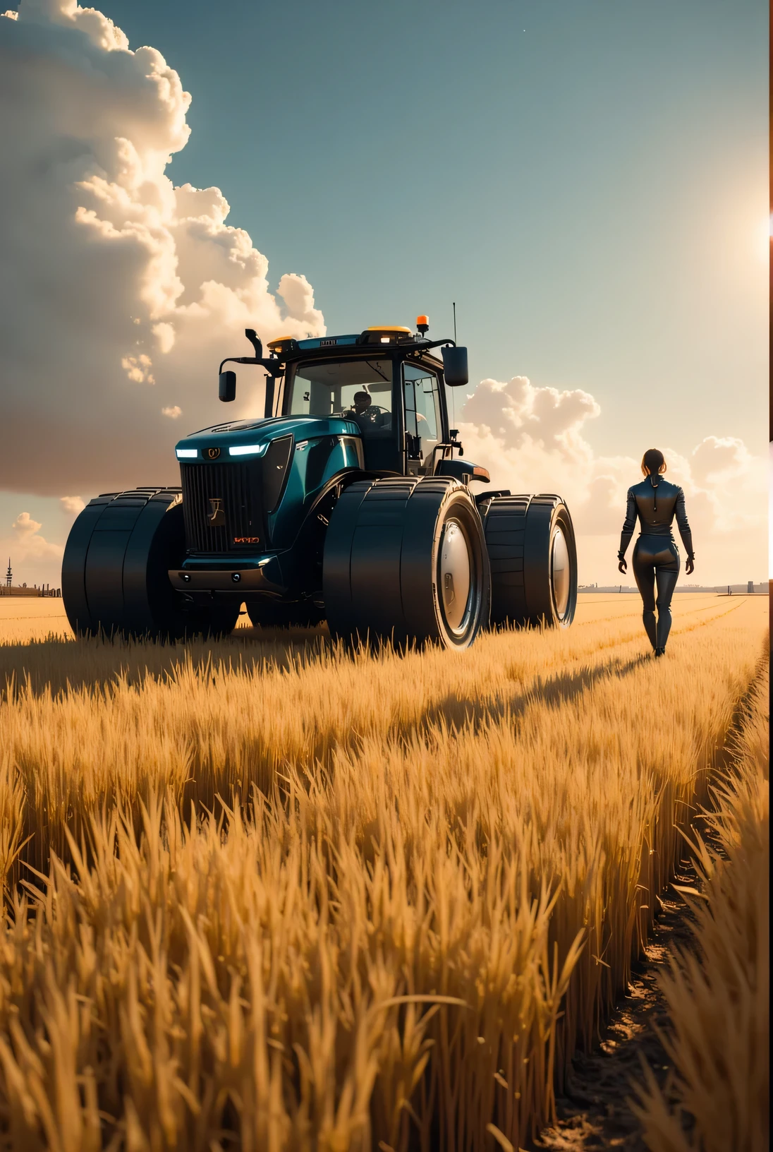 detailed image, The latest high-tech crawler tractor in a wheat field, farmer in ultra-modern high-tech jumpsuit, walking nearby, spaceship spaceport, alien sky, сверхdetailed image, hand-drawn, with many shades and halftones, with a depth of light and shadow, digital art-style.