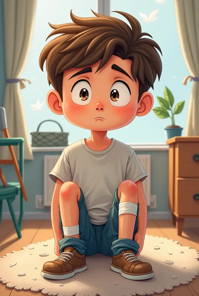 Cartoon of a sad teenage male with knee injury