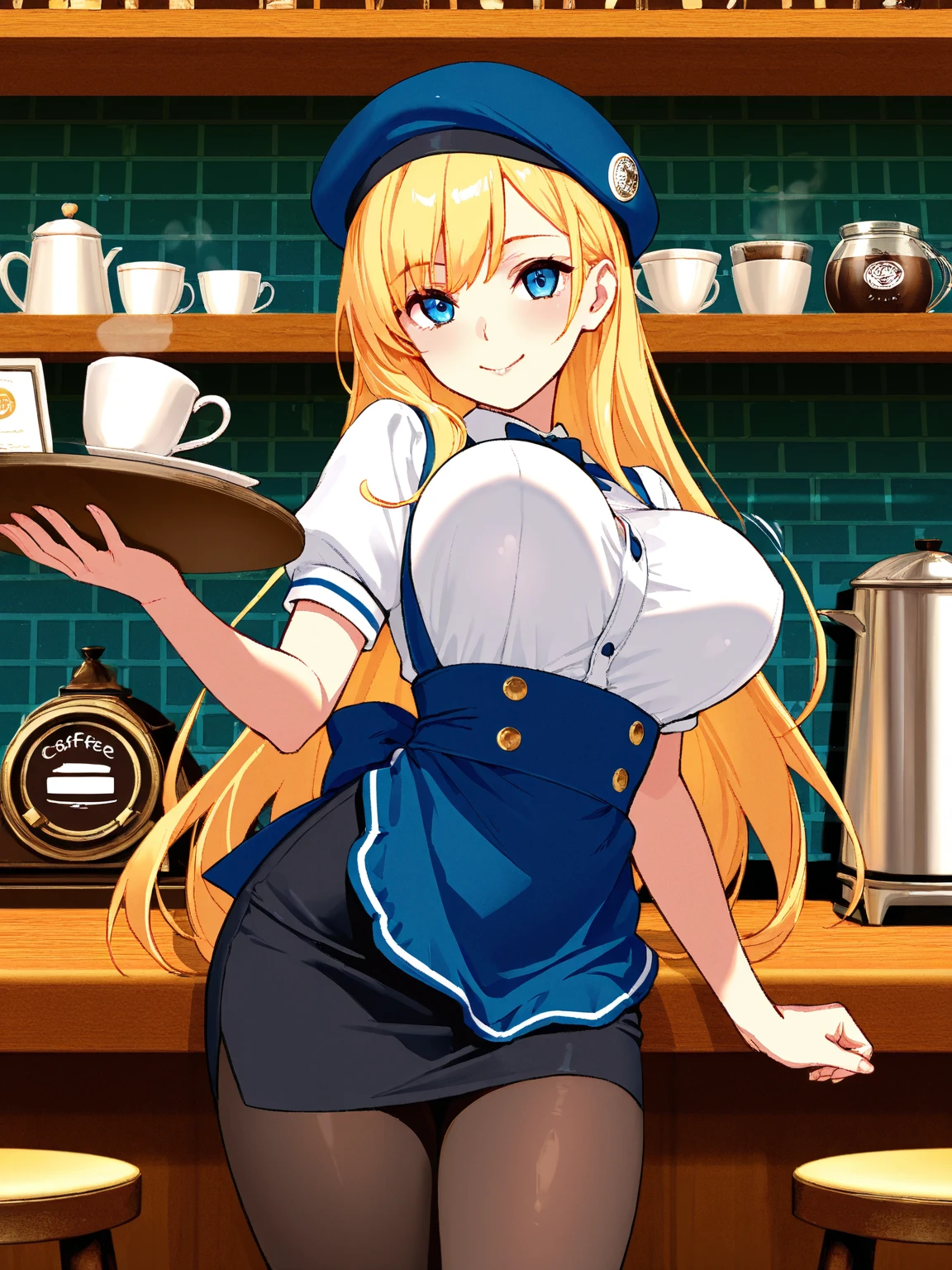 masterpiece, best quality, high resolution, unity 8k wallpaper, (beautiful detailed eyes:1.6), perfect lighting, , (perfect hands, perfect anatomy), 1 girls, solo, ((kaho hinata)), yelllow hair, ponytail, blue eyes, ((maid outfit, cafe)), medium breasts, (arm behind thighs)