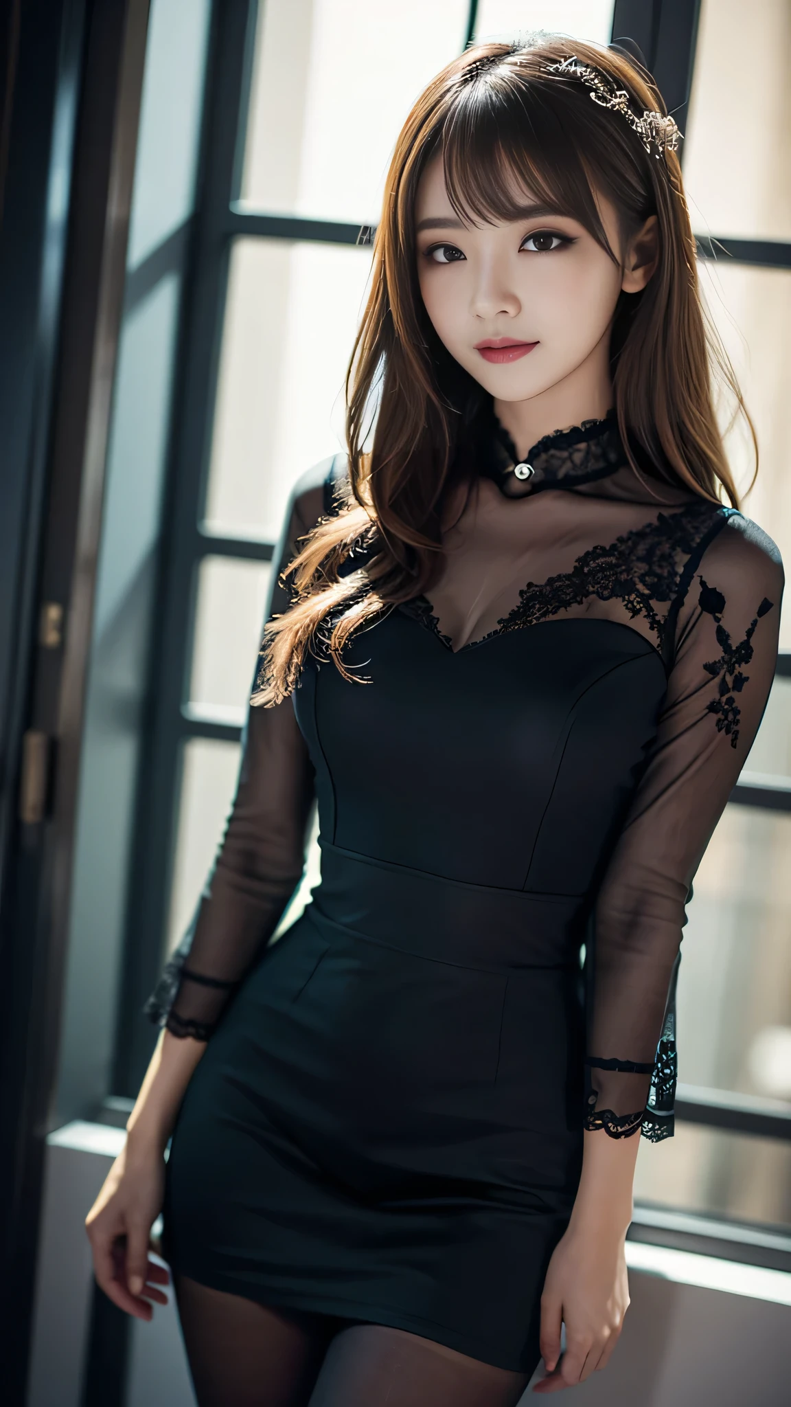 Super detailed、Japanese、charming beauty、seductive adult woman、Beautiful woman、sharp eyes、cool girl、wavy hair、suit、Black chiffon、lace fabric、wide sleeve、wearing a lace insert dress、white blouse、Tight Skirt、flesh colored pantyhose、Lustrous legs、evilの幹部、evil depravity、brainwashing、Mind control、lipstick、grin、evilな表情、evil、empty eyes、evil、church at night、reach out your hand