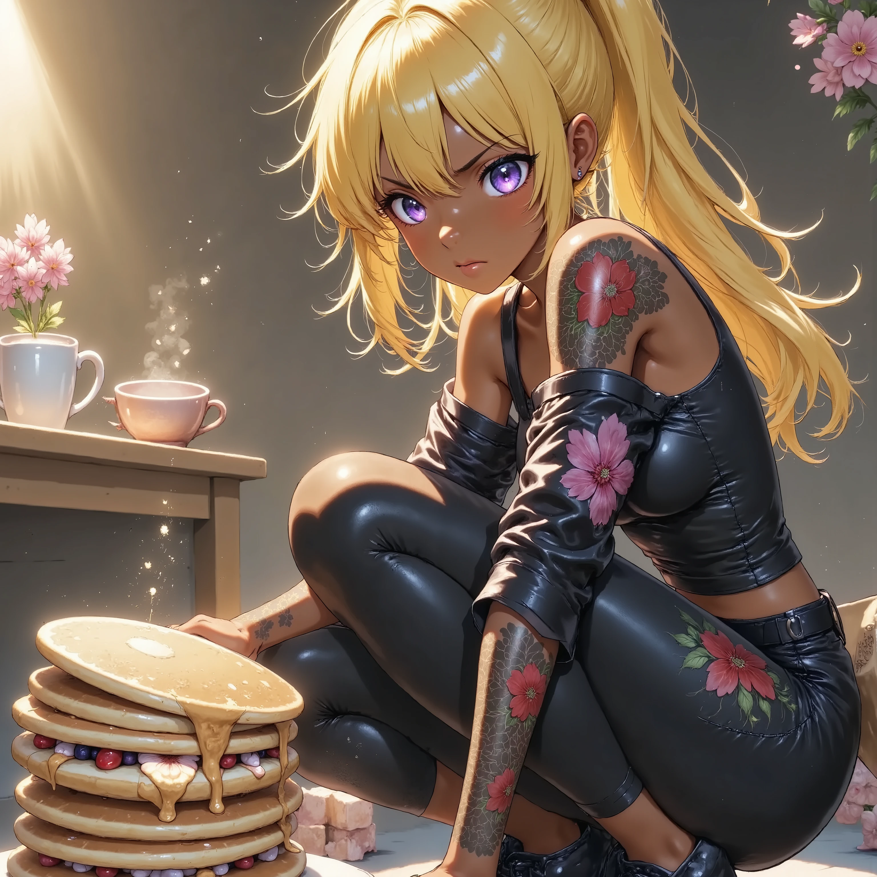 One girl staring at freshly baked pancakes(Motorcycle Girl)