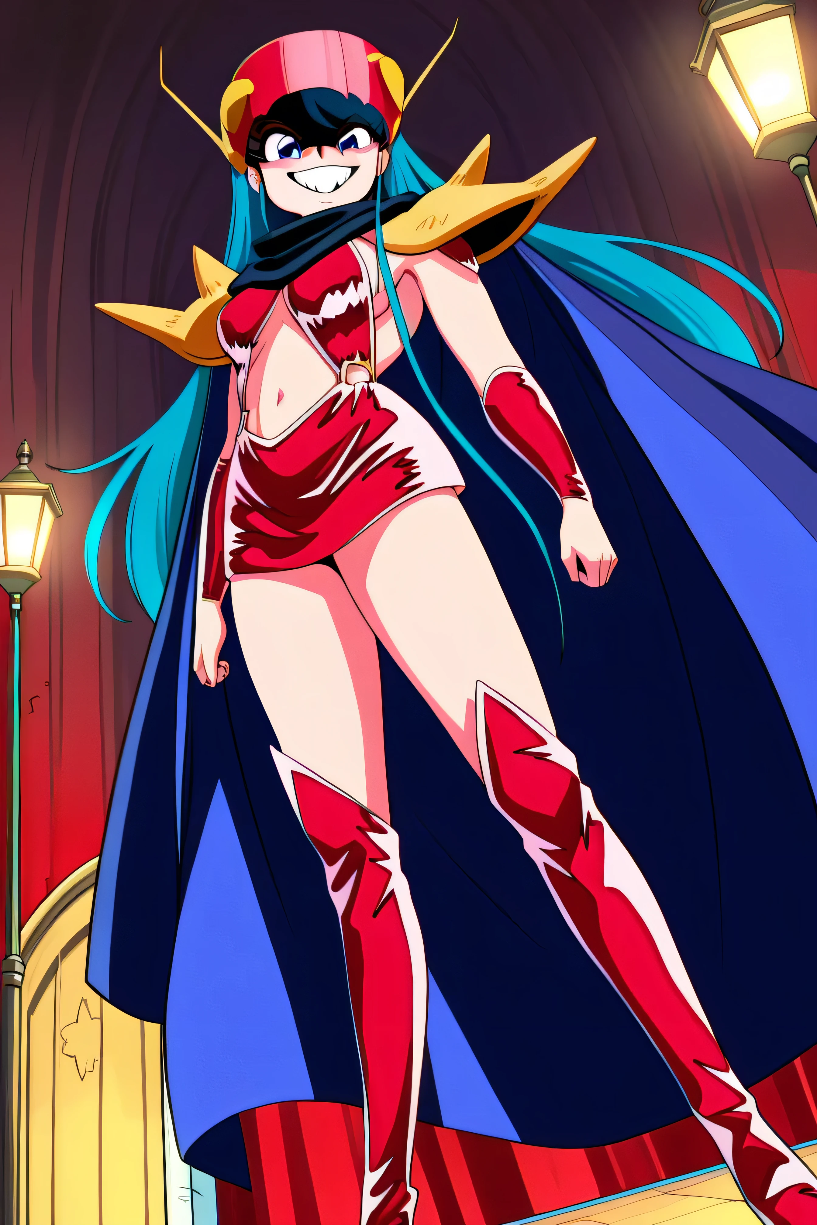 slayers, long hair,1990s (style),,retro artstyle,1girl, naga the serpent, armor, cape, circlet, gloves, jewelry, large breasts, blush, black hair, fit, toned, sweaty, shiny skin, close-up, looking at camera, looking up, open mouth, smug, skinny, long hair, full body standing, flipflops