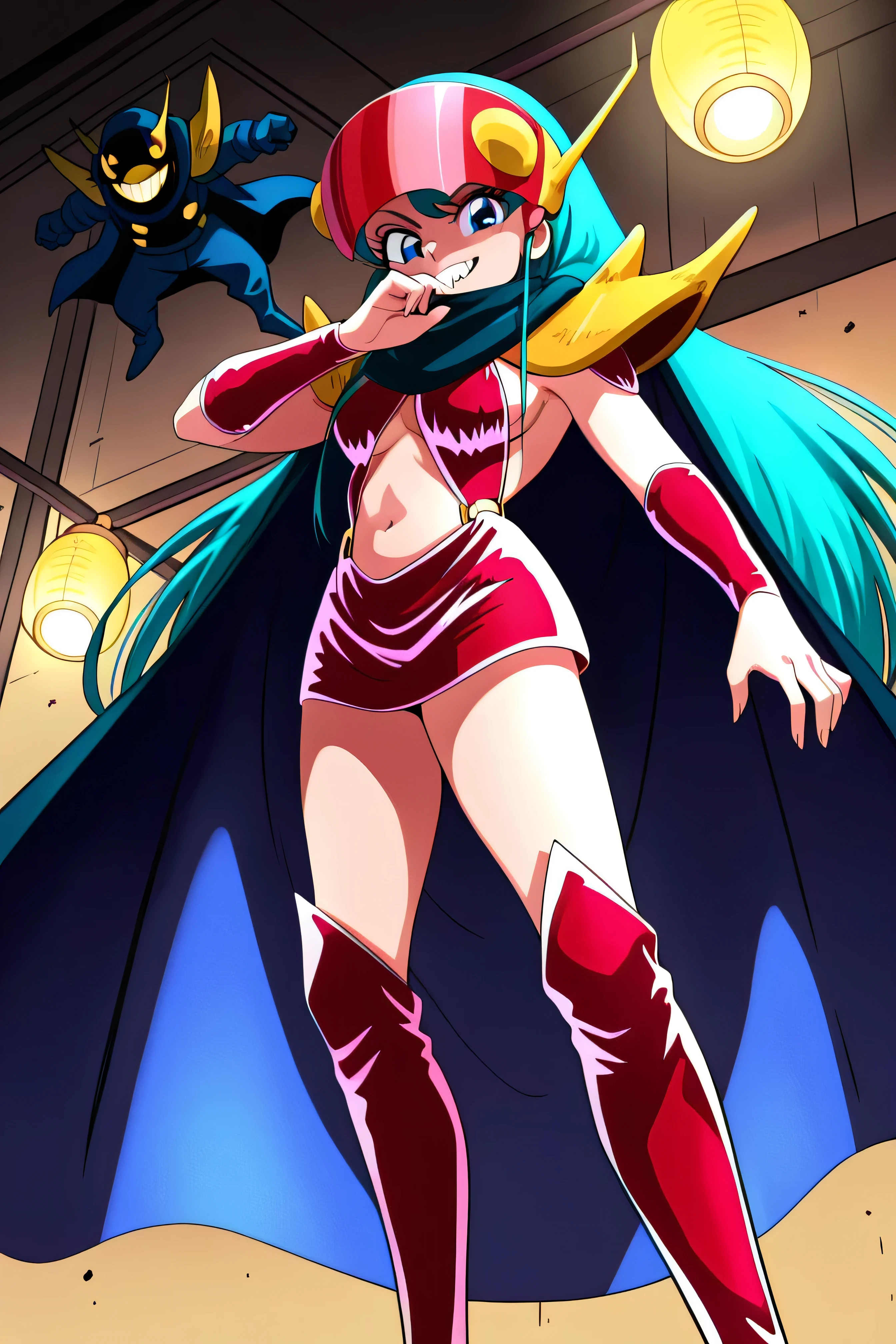 masterpiece, best quality, , Absard Dress, 1 girl, alone,villain pose ,,Stand in front, low angle,beautiful body, beautiful hands , beautiful legs,from below,looking at viewer,
Kuki_king, Onyomiko , lantern, long hair, blue eyes, Chest for Men,
Head Mounted Display, Hair Ornaments Closer to the Garden, yellow shoulder pads , Blue Coat, red bikini armor, sideboob, Red Armrests , midriff, belly button, throw,Viewer,, Brings Your Hands Closer to Your Mouth,,Beautiful hands and feet,thigh-high boots, low angle,Shadow Face(Eyes Hidden in Shadows),evil laugh,