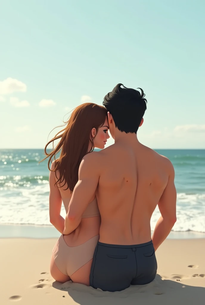 Generate a couple in love sitting together on the sand on the beach, the white-skinned woman with medium-length copper-red hair wearing a red bikini and the white-skinned man wearing a cap and black swimming trunks