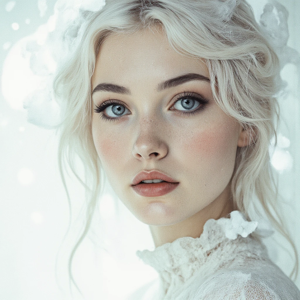 A surreal, ethereal portrait of a woman, taken in close-up, with a fascinatingly beautiful, almost angelic appearance. Her pale complexion seems to glow, smoothly merging with the pure white background, giving the impression that she arises from the light itself. The focus is on her very large piercing blue eyes, their crystal clarity and soft radiance, conveying a sense of unearthly wisdom and tranquility. Her long eyelashes look bold and spectacular, contrasting sharply with her porcelain skin, and attract the viewer's gaze to her irresistible gaze. She has graceful facial features with high cheekbones, a perfectly straight nose and soft, full lips that maintain a refined, neutral expression, emphasizing serenity and quiet strength. Her platinum-white hair gently flows upwards, accentuating her heavenly appearance. Thin strands, light and fluffy, smoothly merge into a white background, and white ashes scatter around it, creating an airy atmosphere. The lighting is diffused and uniform, it erases shadows and creates a minimalistic aesthetic that fully highlights her striking features. Overall, the composition seems timeless, as if it reflects the essence of purity and perfection, with a soft, dreamlike quality that encourages introspection and reverence. The simplicity of the image enhances its mystery, creating a deep angelic presence that seems both familiar and otherworldly.