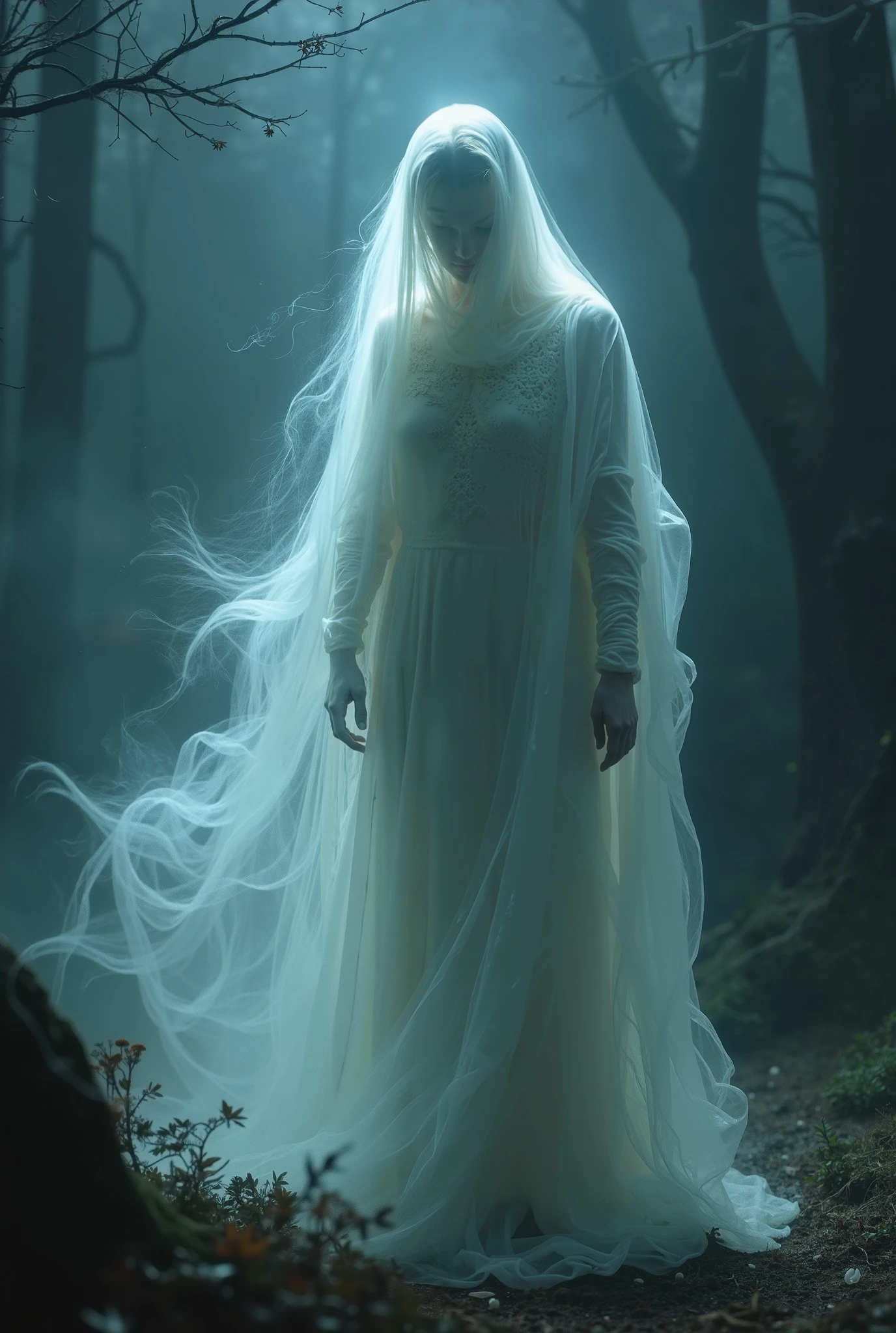 Appearance of the Witch: A tall, ghostly woman dressed in a flowing white gown with long,