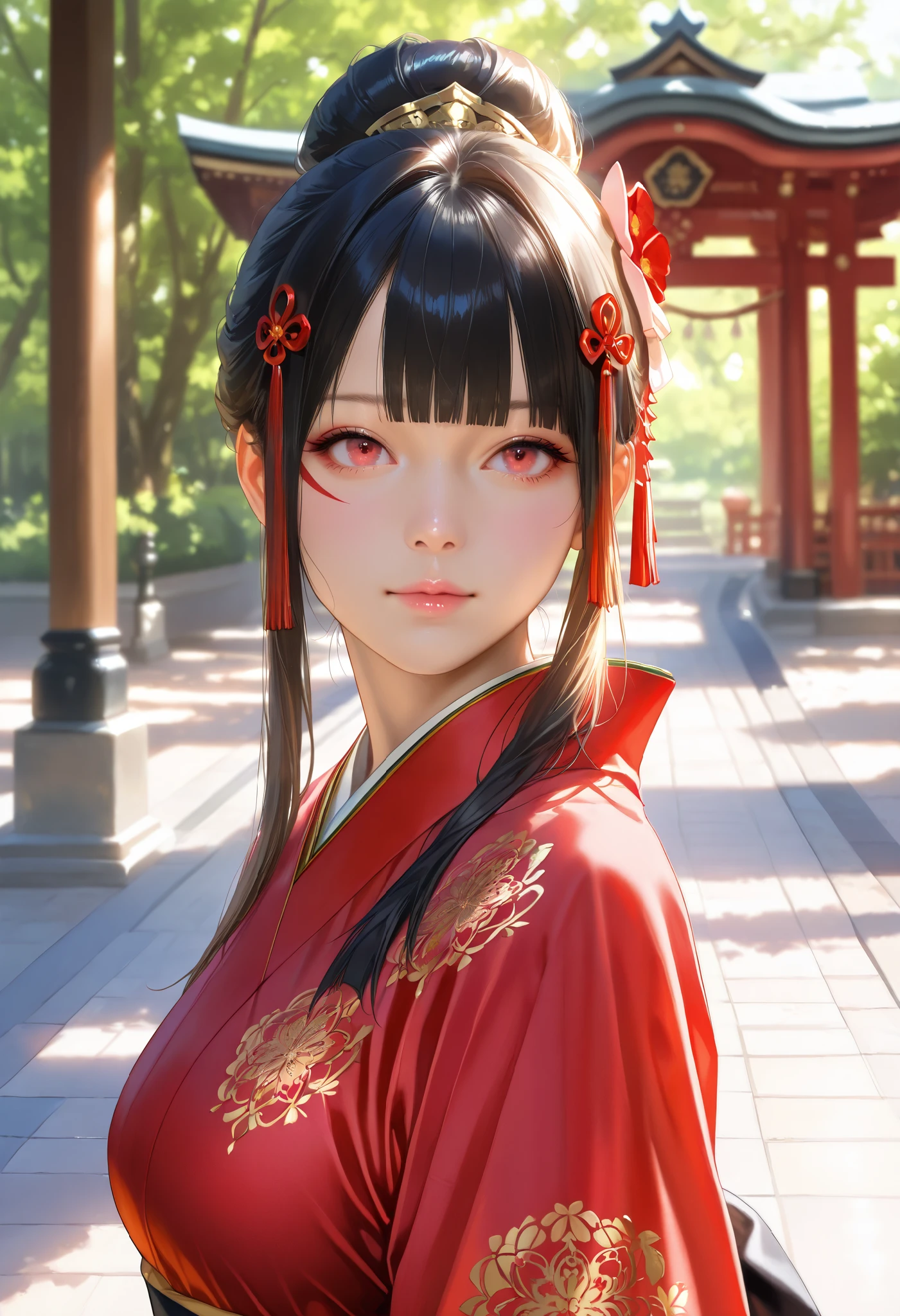 bright look、photorealism、highest quality、Super high resolution、picture extraordinary beautiful girl cute and beautiful face details、、beautiful bangs shining white skin
TKNKZMI, (best quality,highres:1.2), (realistic:1.37), HDR,UHD,studio lighting,extremely detailed,professional,vivid colors,bokeh, portraits,warm toned lighting beautiful woman face, beautiful light red eyes, black hair, blunt bangs, eye shadow, sidelocks, hair ornament, hair bun, golden detailed red kimono golden embroidery, Amazing Photo, Japanese park, walkway, beautiful park, Beautiful detailed photo, Amazing body,