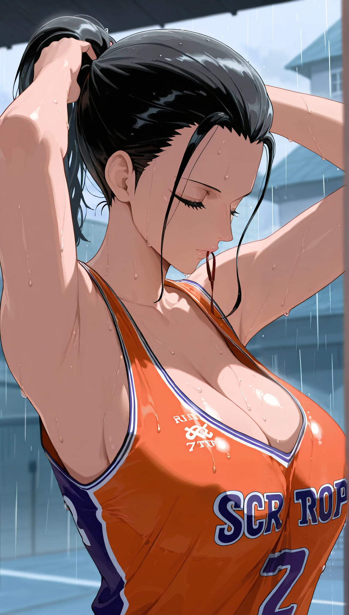 (best quality:1.3), Tenten by naruto, busty, cleavage, seductive, sexy, curvy body, big ass, big , (bikini cow), (( pool)),armpits,sweat,sweaty,sweaty armpits,arms up,showing armpits,awesome armpits,outfit,blackish red arm warmers