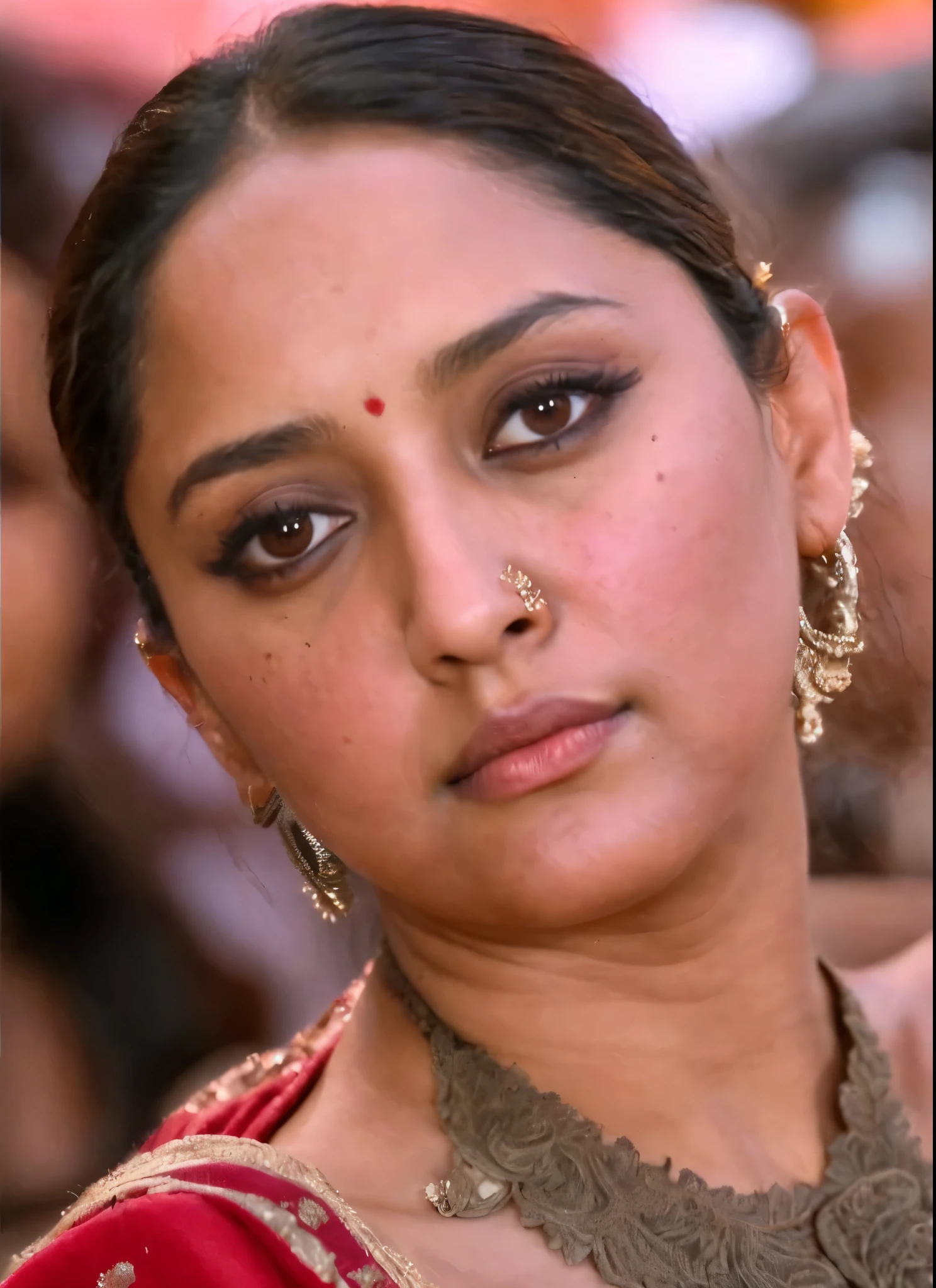A very close picture of Indian, winding, hourglass figure, extremely large Breasts swoop, no bra, visible nipples, bend down and hanging breasts, Shows deep cleavage, Kneeling in ceremonies, French braid hair, necklace, Sexy maroon saree and not wearing bra, visible nipples, Sultry, Alluring eyes, Look at the viewer and smile, (Cinematic:1.3), Complex details, (ArtStation:1.2