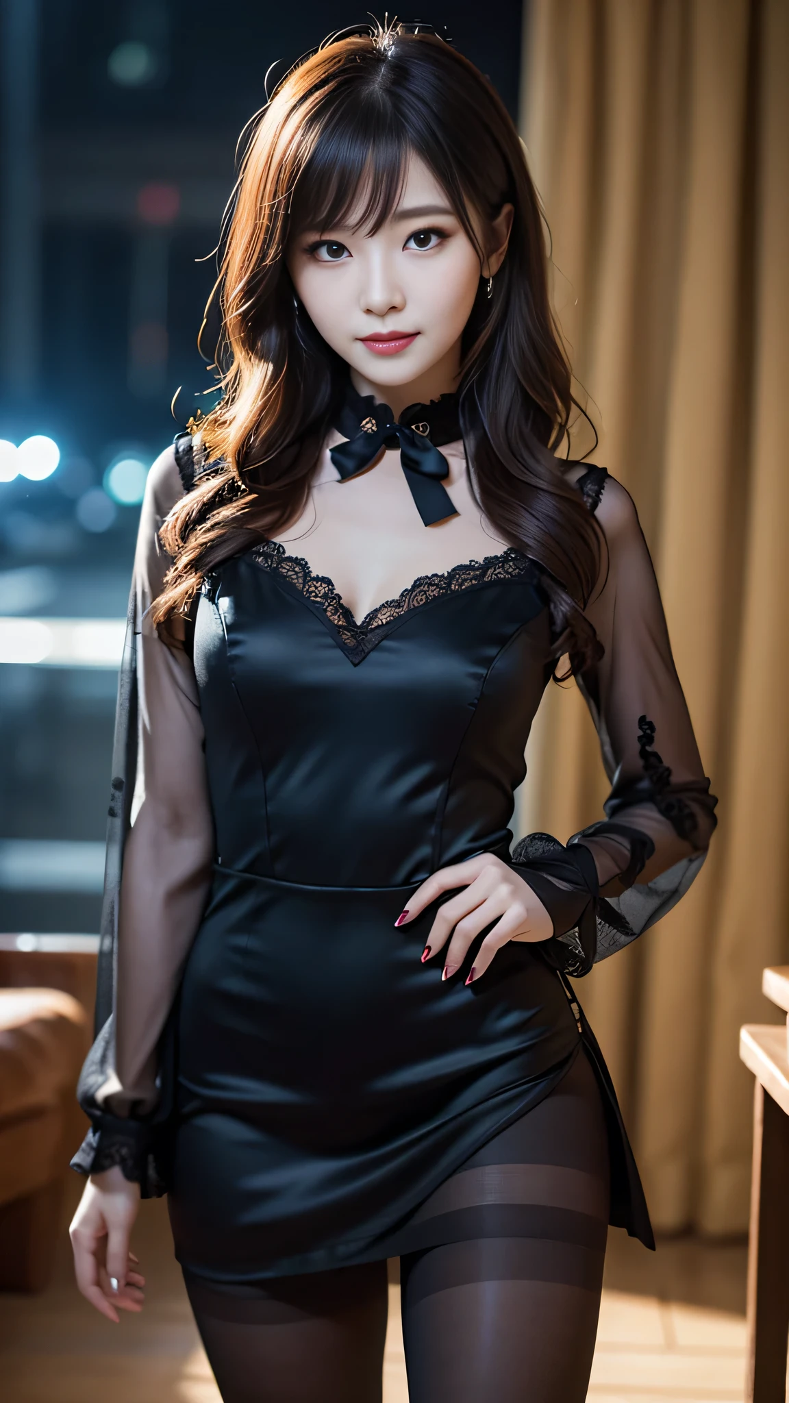 Super detailed、Japanese、charming beauty、seductive adult woman、Dainty woman、sharp eyes、cool girl、wavy hair、suit、Black chiffon、lacy fabric、wide sleeve、wearing a lace insert dress、white blouse、Tight Skirt、flower pantyhose、Shiny legs、evilの幹部、evil depravity、brainwashing、Mind control、lipstick、grin、邪evilなな表情、evil、empty eyes、邪evilな、one girl in a dark factory、Are standing