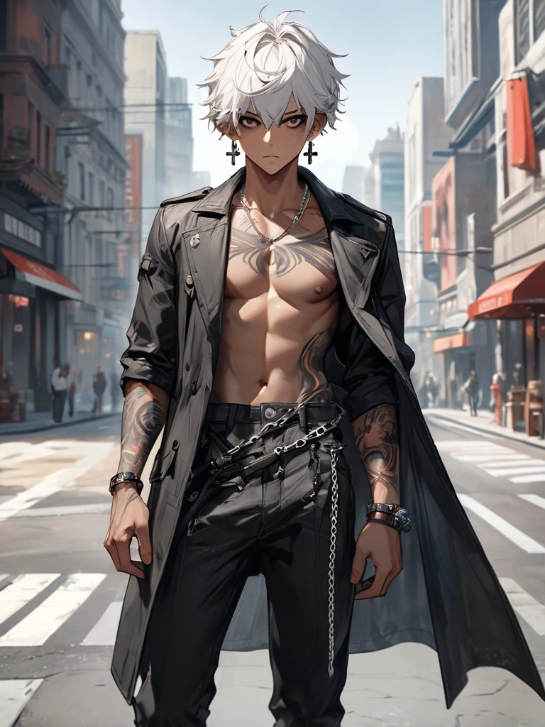 anime sexy man, white hair, curly, tattoes