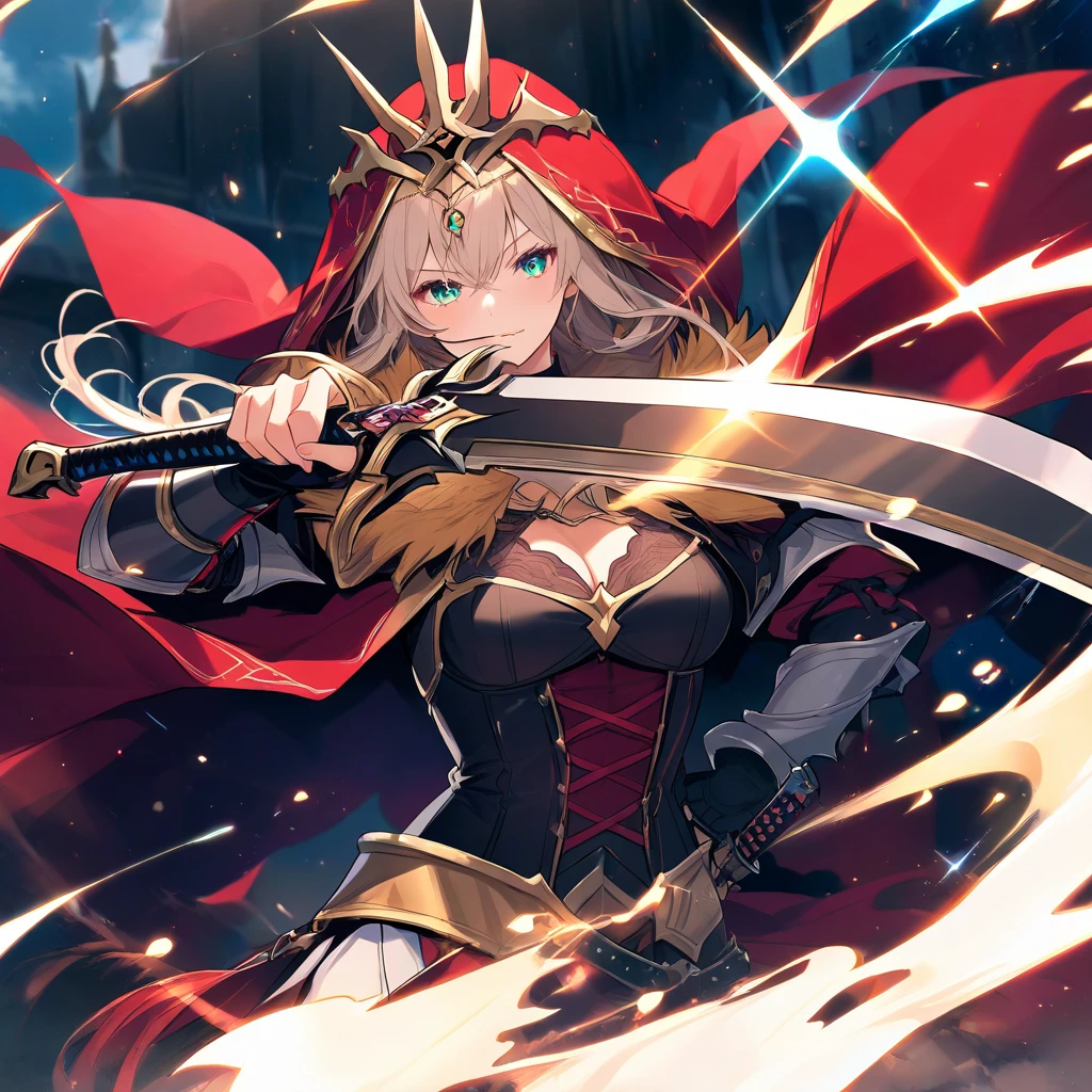1girl, long hair, blonde hair, drill hair, blue eyes, headband, bikini, armor, detached collar, single pauldron, gauntlets, greaves, showgirl skirt, standing, outdoors, forest, holding sword, smug, looking at viewer, cowboy shot score_9, score_8_up, score_7_up, score_6_up, score_5_up, score_4_up, BREAK source_anime, masterpiece