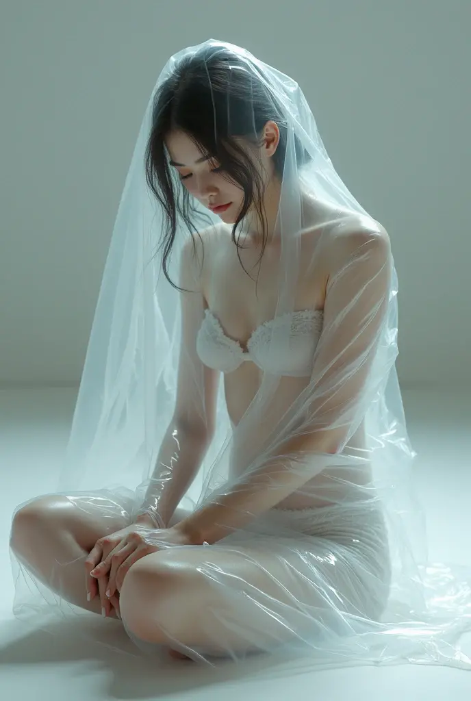 Woman locked up trapped hugging her knees, very tightly packed in a clear plastic bag trying to get out from side view 