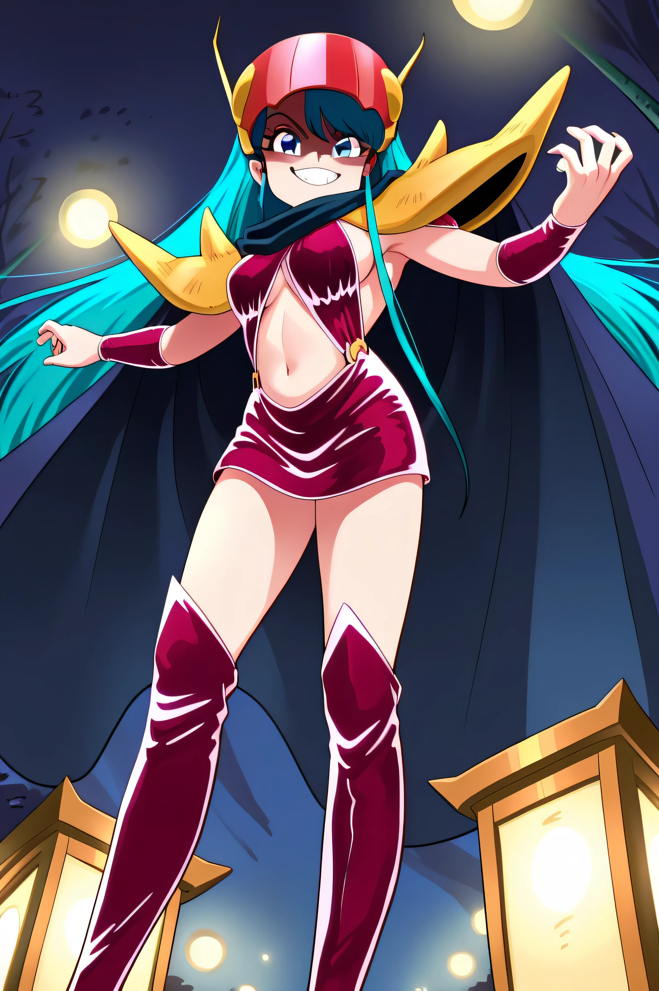 masterpiece, best quality, , Absard Dress, 1 girl, alone,villain pose ,,Stand in front, low angle,beautiful body, beautiful hands , beautiful legs,from below,looking at viewer,
Kuki_king, Onyomiko , lantern, long hair, blue eyes, Chest for Men,
Head Mounted Display, Hair Ornaments Closer to the Garden, yellow shoulder pads , Blue Coat, red bikini armor, sideboob, Red Armrests , midriff, belly button, throw,Viewer,, Brings Your Hands Closer to Your Mouth,,Beautiful hands and feet,thigh-high boots, low angle,Shadow Face(Eyes Hidden in Shadows),evil laugh,