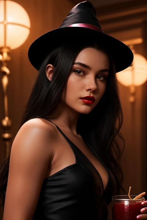 (hyperrealism, sharp images, photorealistic) (point of view from her thighs) (head to toe portrait), (highly detailed face:1.4), (highly detailed skin:1.4), (20 years old woman) (she has very black wavy hair, white skin) (breast size: 1.3), detailed hd beautiful dark green eyes, lips marked with red lipstick, flirtatious look, big light green eyes, bold black eye shadows, huge eyelashes, (wears 80's mafia style clothes with suspenders (in brown and cream colors, in sober tones) her clothes are translucent, she wears a hat) (she holds a rod in her hands and she is in the door frame, with one leg resting on the door.) (brown tones atmosphere in an elegant living room)