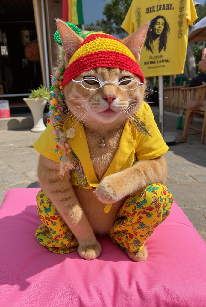 "A golden Scottish Fold cat, Johnny, sits on a park bench, casually smoking a cigarette. The bench is surrounded by blooming flowers and tall trees. Johnny is wearing a casual outfit: a hoodie and jeans. His expression is relaxed but slightly bored."