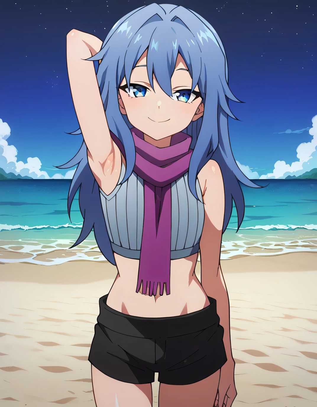 Hagi, blue eyes, blue hair, long hair, crop top, sleeveless, purple scarf, shorts, anime screencap, shiny skin, high quality, solo, upper body, (contrapposto), v, spread armpit, presenting armpit, hand behind head, closed mouth, night sky, beach, looking at viewer, smile, best quality