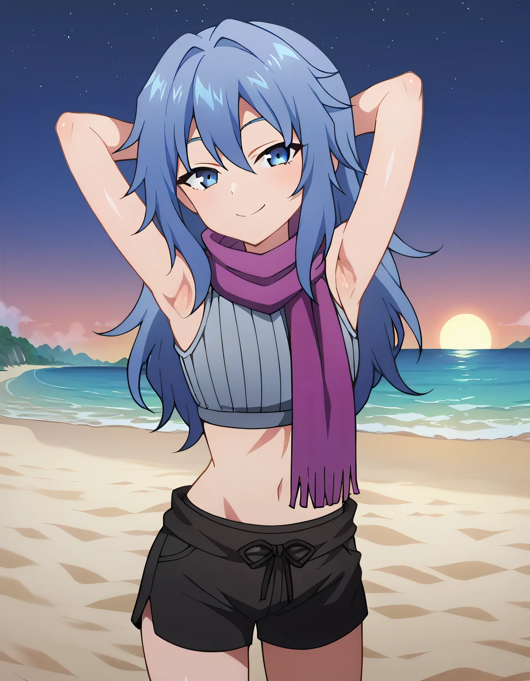 Hagi, blue eyes, blue hair, long hair, crop top, sleeveless, purple scarf, shorts, anime screencap, shiny skin, high quality, solo, upper body, (contrapposto), v, spread armpit, presenting armpit, hand behind head, closed mouth, night sky, beach, looking at viewer, smile, best quality