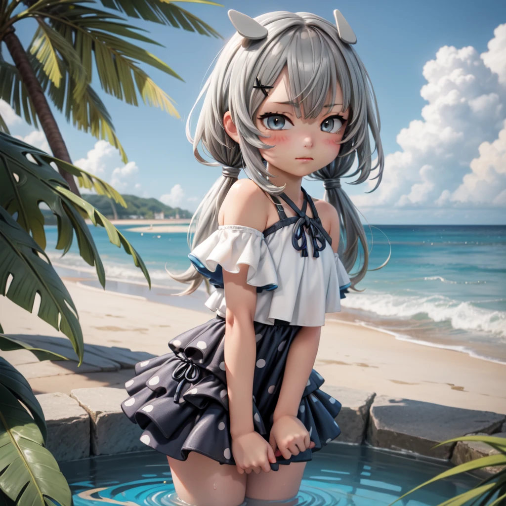 masterpiece、top-quality、ultra-detailliert、(Chibi Chara's Daughter:1.2)、((swimit), (stomach),gothic lolita:1.3)
(frill skirt)、The background is the blue pond of Biei Town、yoga pose、full bodyesbian、a smile