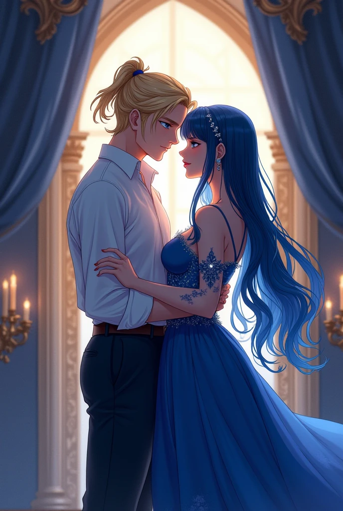 An anime-style illustration depicting a romantic scene between a Handsome man with gold hair in ponytail and a beautiful woman with dark blue hair,
woman has very long dark blue hair and she has side bangs sideswipe bangs her hair are knee length she has dark galaxy blue eyes and her royal dress has very long blue dress which shows her curves because she is curvy women and she holds silver moon jullery she is the queen of darkness pale skin , she is curvy and short compere to the men . 
the men is tall pale skin has long hair in a little ponytail he is tall fit body and wears a white shirt ., the men is muscular and tall. 
background a royal expensive room,
This romantic battlefield surrounded
perfect figure,
illustration style