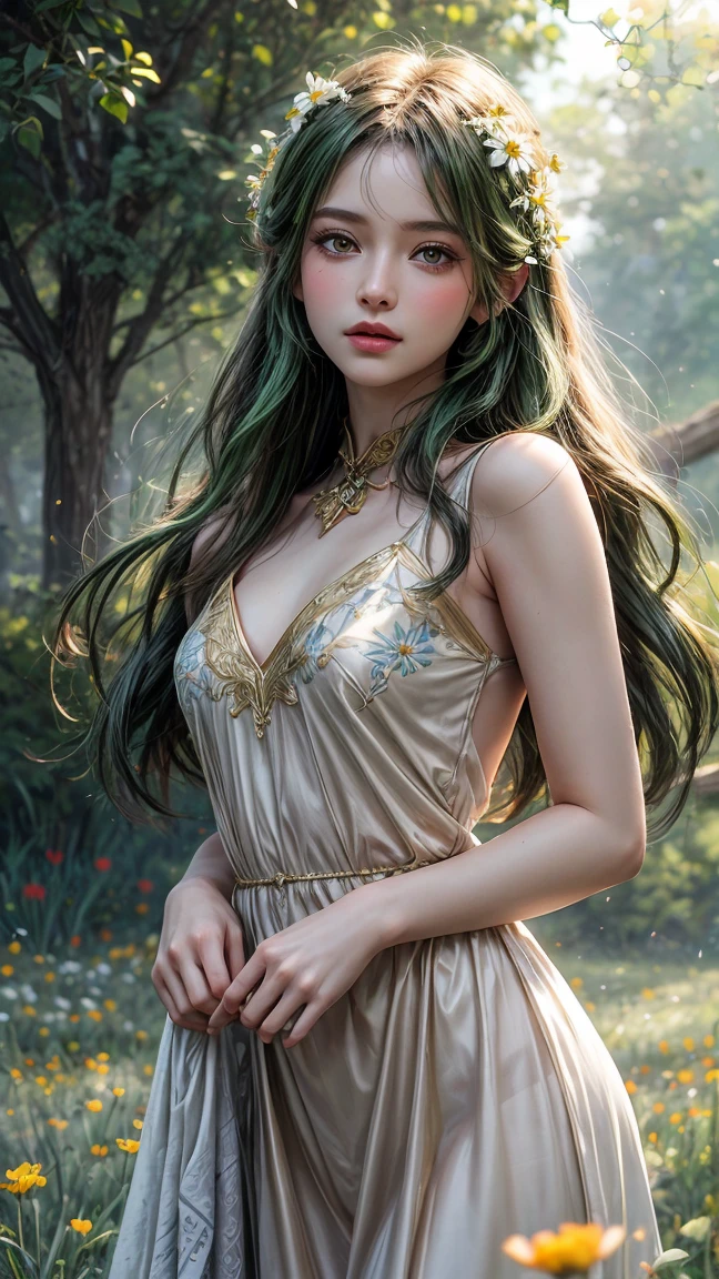 masterpiece, best quality, 1girl, (finely detailed beautiful eyes and detailed face), cinematic lighting, upper body shot, long hair, green hair, colored eyelashes, brown eyes, small breasts, fully clothed dress, thick long dress, outdoor, flowers, succulent plant, (Colorful:1.3), naughty face,