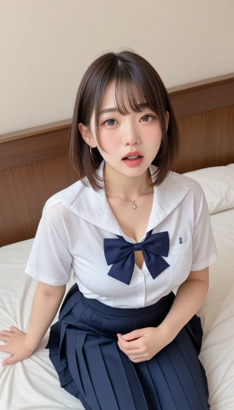 (Hyperreal Stick:1.4), (photoRealstic:1.4、Ideal ratio body proportions:1.4), masutepiece、top-quality、Intense highlighting of the eyeeautiful detailed woman, extremely detailed eye and face, beatiful detailed eyes, Ridiculous, unbelievable Ridiculous,Cute smile、 ultra-detailliert, hight resolution, ighly detailed, best qualtiy, masuter piece, ((Japan Girls' High School Uniform)), ighly detailed, 8k wallpaper, magnifica, finely detail, masuter piece,, best qualtiy, Very detailed uh uniform 8k wallpaper, Light on the Face、电影灯光、28-year-old woman、((dynamicposes))、(Very tall supermodel:1.4、Sitting on legs with bent knees)、short-hair、long neck、Put your ears out、bangsig eye、Lasheeautiful teeth、kawaii、a very cute