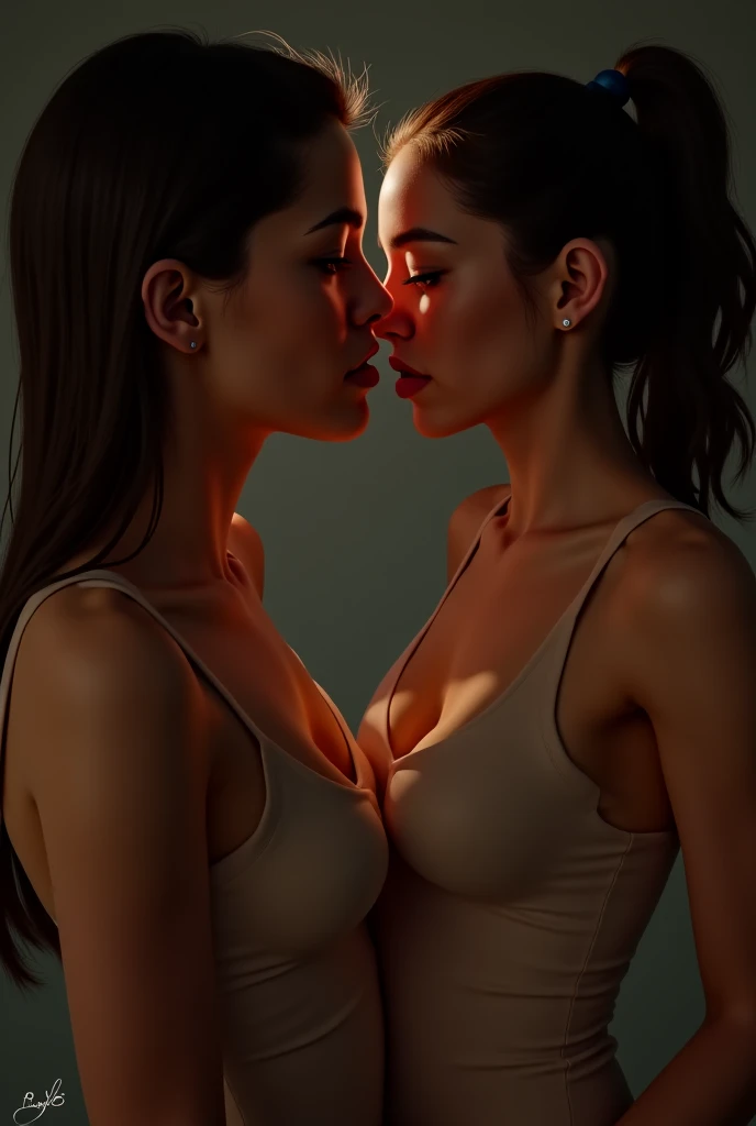 A high resolution photo of a sexy woman sucking another womans tits. Both habe BNP g boobs and their totally undressed