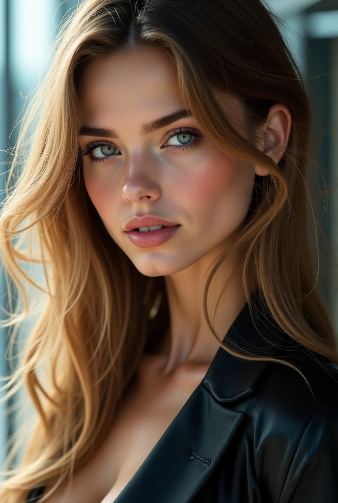 (photorealistic, masterpiece, best quality, ultra-detailed), face of Bridget Satterlee, wo long straightened hair, wearing a seductive black bra, large bust, with her body and head straight in the photo, ((medium)) facing the viewer, her eyes intently staring at the lens, 4K resolution, ((cinematic look)), natural skin texture, film grain, soft cinematic light, sidelighting, hyperdetailed, intricate, sharp focus, realistic shadows, high contrast, detailed facial features, expressive eyes, exquisitely rendered.
